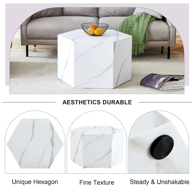 Hexagonal Coffee Table Textured Coffee Table with Non-slip Foot Mat Living Room End Table for Small Space