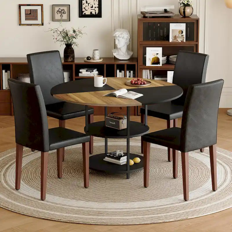 Modern Dining Table Set,Round Table with Storage & Technology Fabric Dining Chairs,Easy to Install