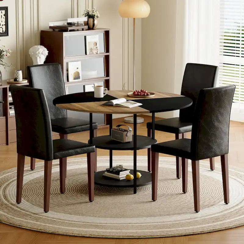 Modern Dining Table Set,Round Table with Storage & Technology Fabric Dining Chairs,Easy to Install