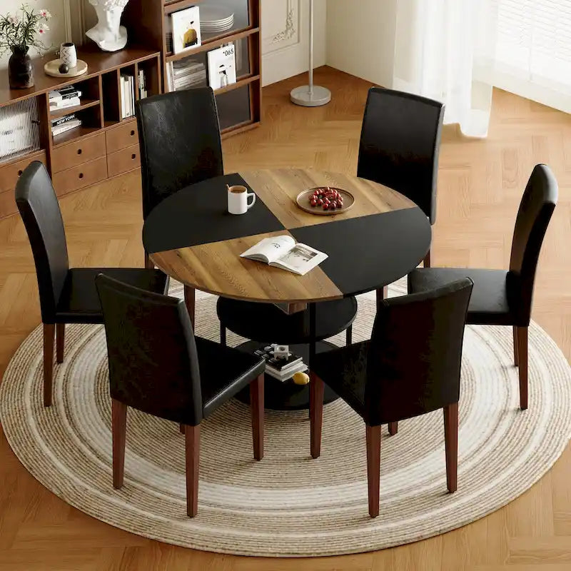 Modern Dining Table Set,Round Table with Storage & Technology Fabric Dining Chairs,Easy to Install