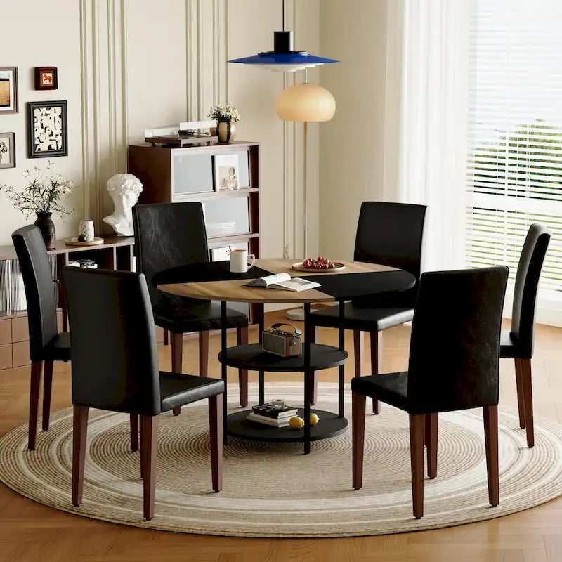 Modern Dining Table Set,Round Table with Storage & Technology Fabric Dining Chairs,Easy to Install