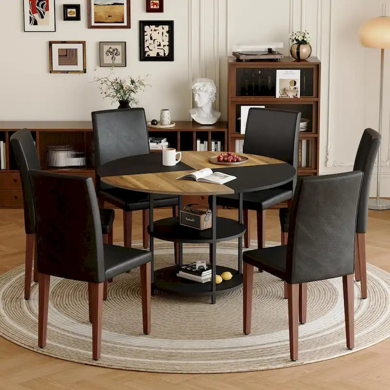 Modern Dining Table Set,Round Table with Storage & Technology Fabric Dining Chairs,Easy to Install