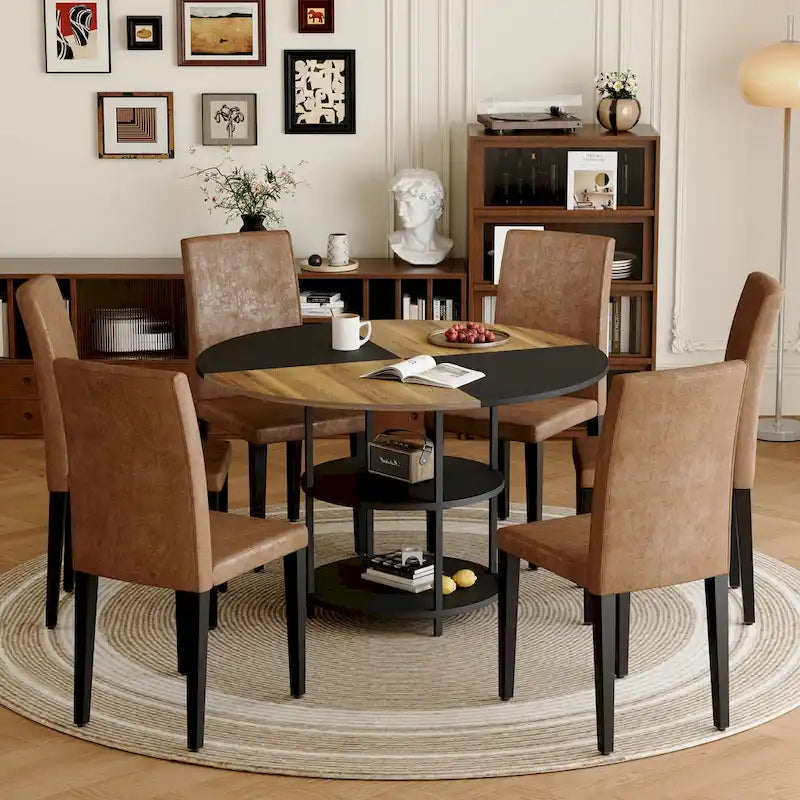 Modern Dining Table Set,Round Table with Storage & Technology Fabric Dining Chairs,Easy to Install