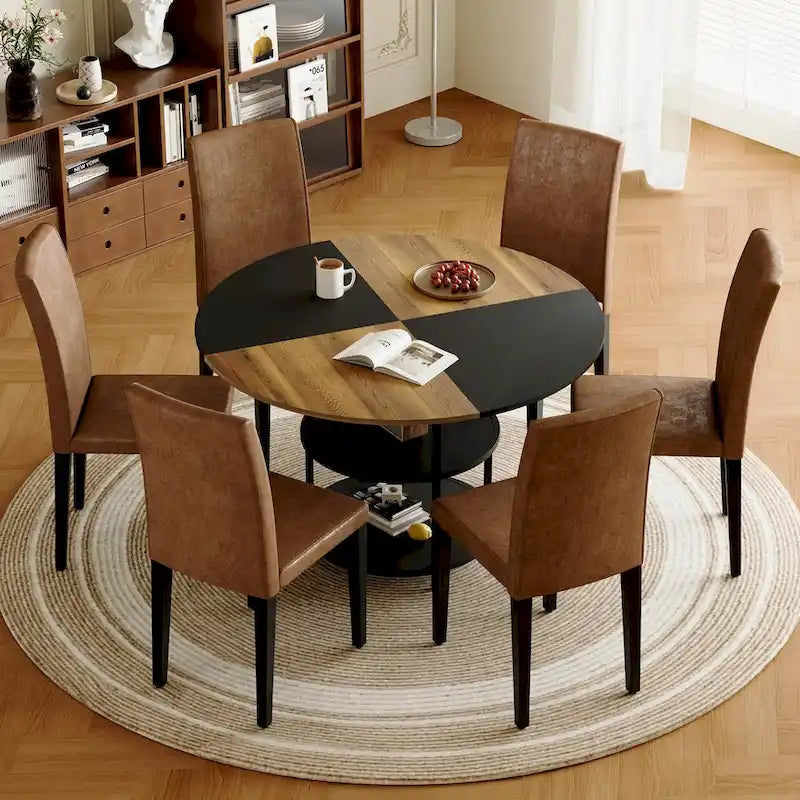 Modern Dining Table Set,Round Table with Storage & Technology Fabric Dining Chairs,Easy to Install