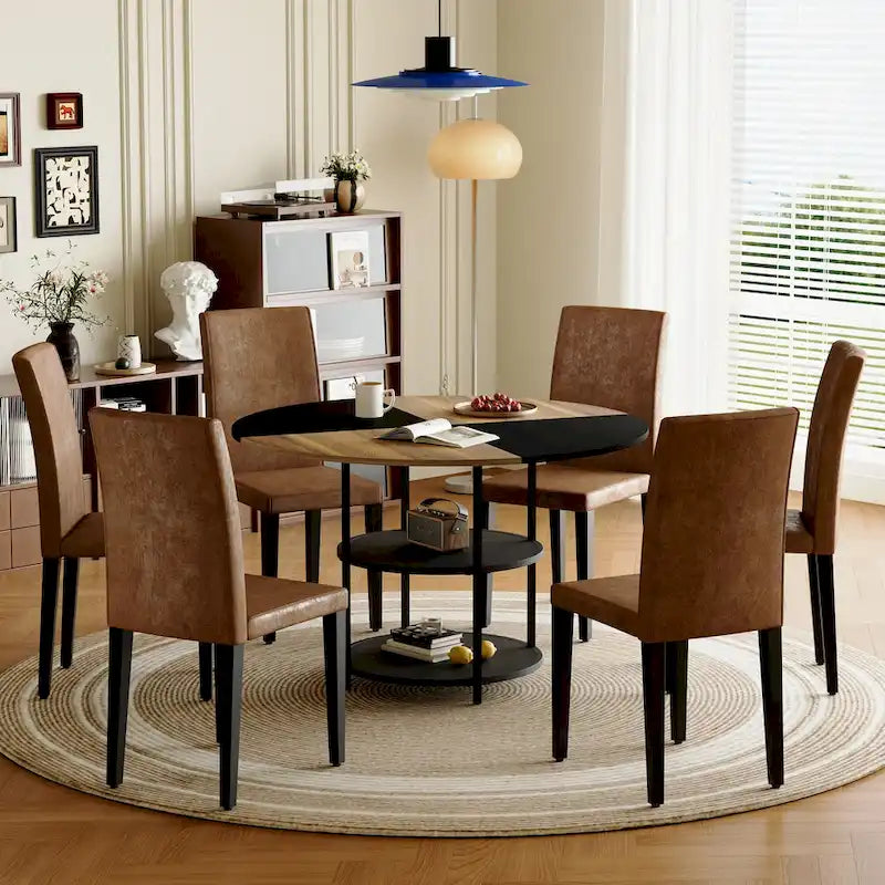 Modern Dining Table Set,Round Table with Storage & Technology Fabric Dining Chairs,Easy to Install