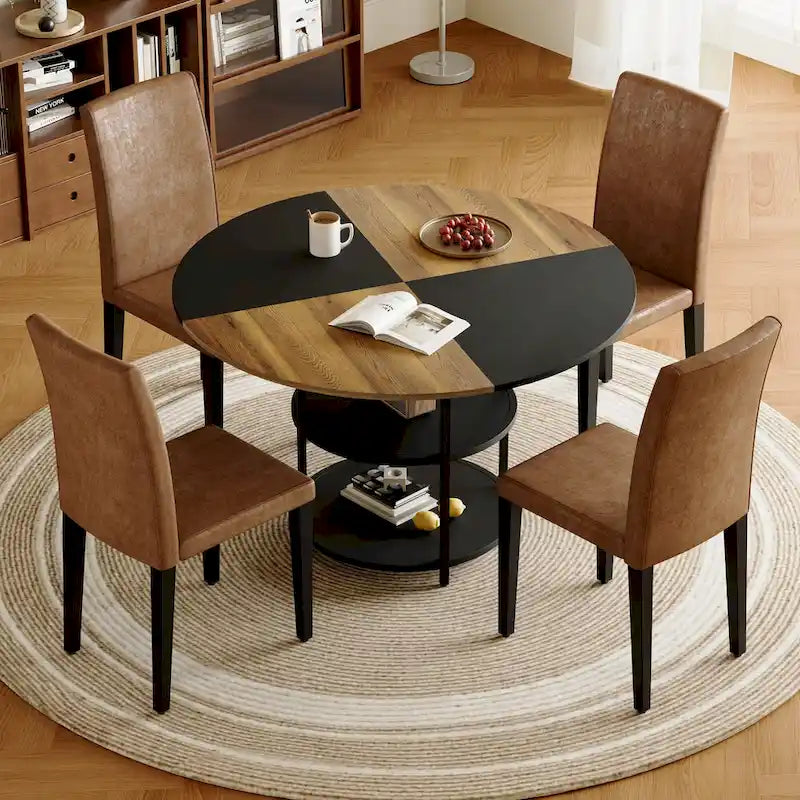 Modern Dining Table Set,Round Table with Storage & Technology Fabric Dining Chairs,Easy to Install