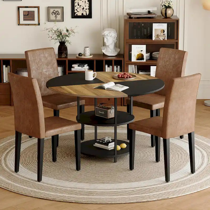 Modern Dining Table Set,Round Table with Storage & Technology Fabric Dining Chairs,Easy to Install
