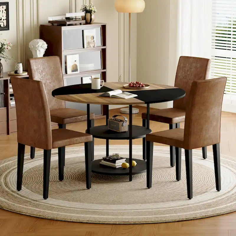 Modern Dining Table Set,Round Table with Storage & Technology Fabric Dining Chairs,Easy to Install