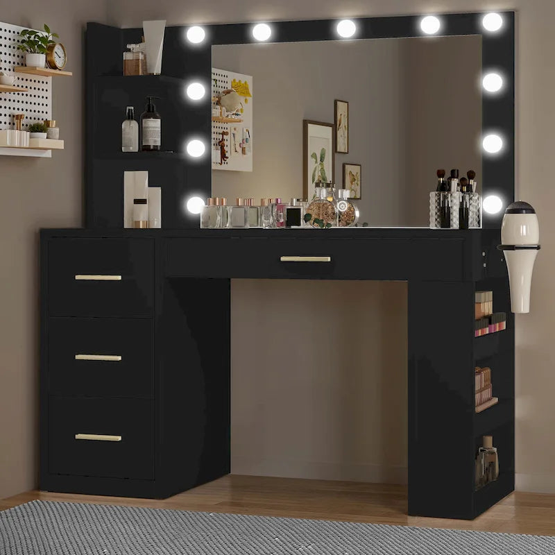 Moasis 39.5 W Bedroom Makeup Vanity Desk with Mirror and Power Outlets&Hairdryer Holder