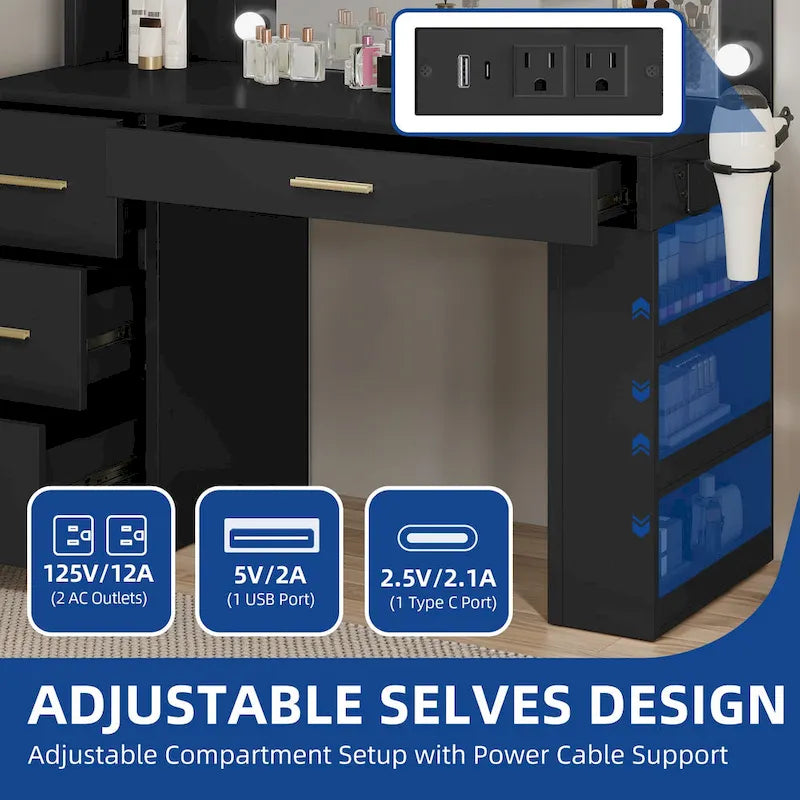 Moasis 39.5 W Bedroom Makeup Vanity Desk with Mirror and Power Outlets&Hairdryer Holder