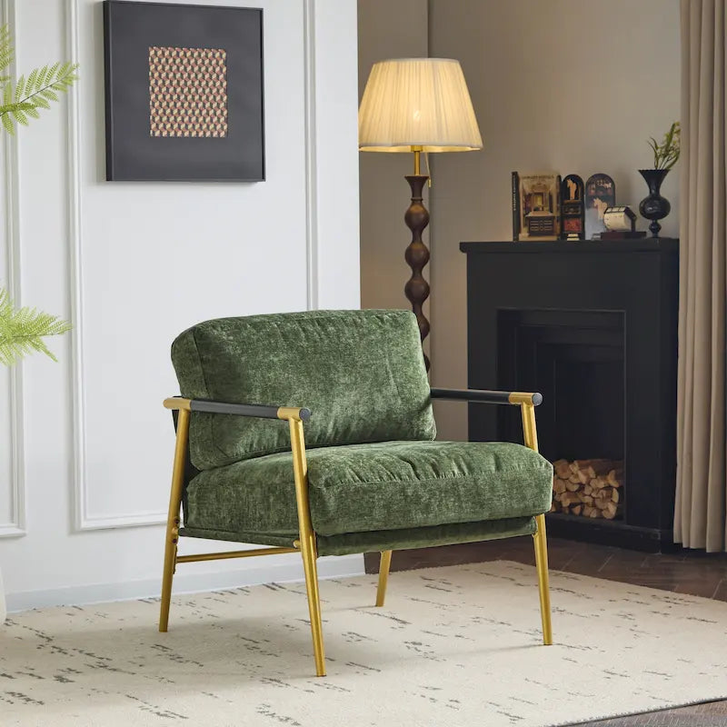 Modern Accent Chair with Plush Cushions, Minimalist Metal Frame, and Wooden Armrest Design