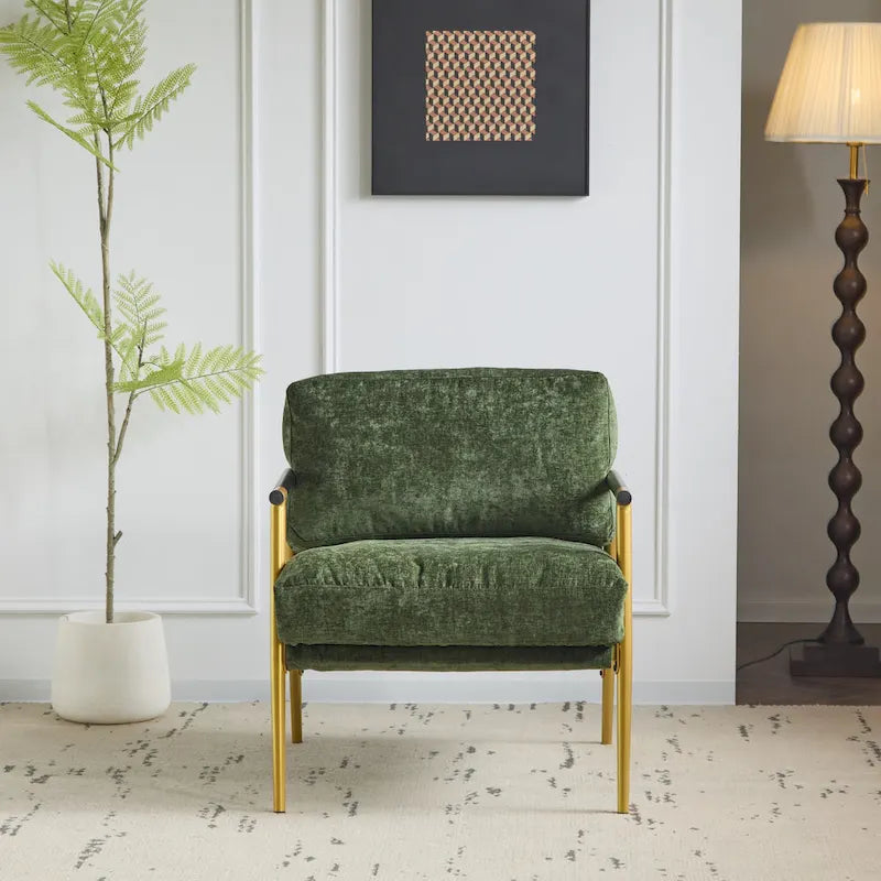 Modern Accent Chair with Plush Cushions, Minimalist Metal Frame, and Wooden Armrest Design