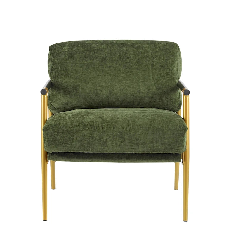 Modern Accent Chair with Plush Cushions, Minimalist Metal Frame, and Wooden Armrest Design