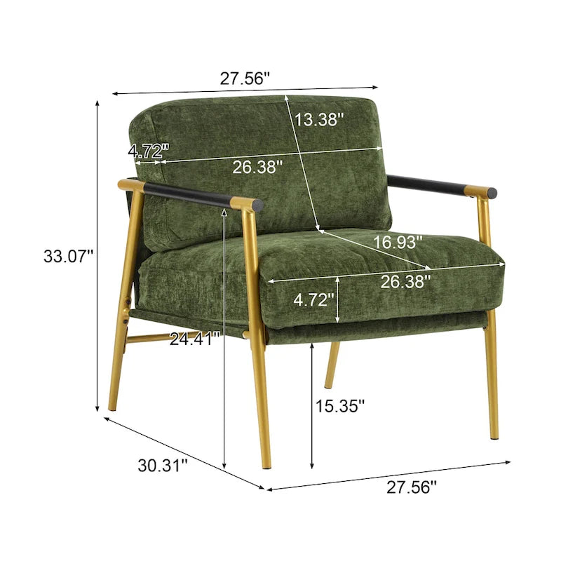 Modern Accent Chair with Plush Cushions, Minimalist Metal Frame, and Wooden Armrest Design