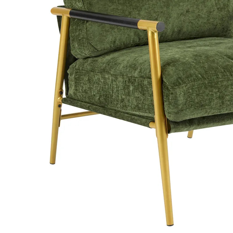 Modern Accent Chair with Plush Cushions, Minimalist Metal Frame, and Wooden Armrest Design