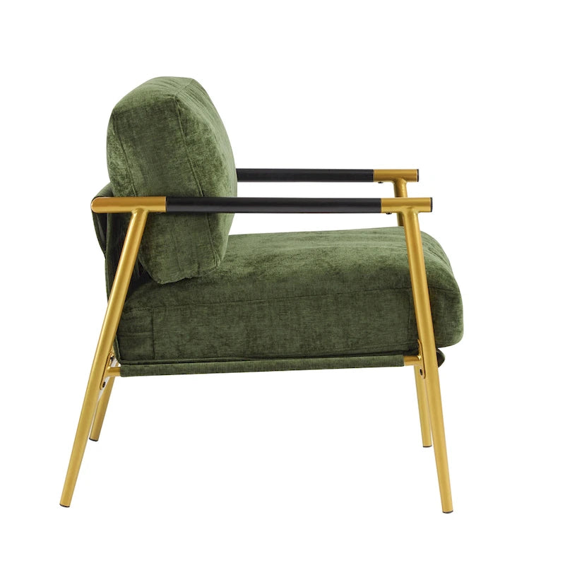 Modern Accent Chair with Plush Cushions, Minimalist Metal Frame, and Wooden Armrest Design
