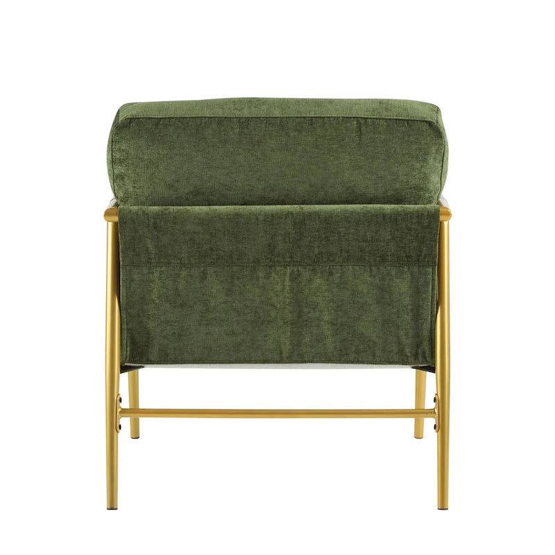 Modern Accent Chair with Plush Cushions, Minimalist Metal Frame, and Wooden Armrest Design