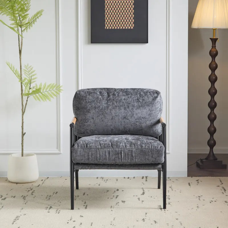 Modern Accent Chair with Plush Cushions, Minimalist Metal Frame, and Wooden Armrest Design