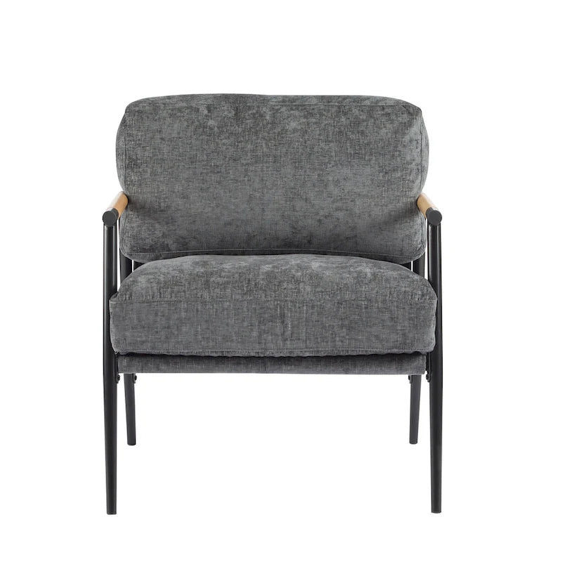 Modern Accent Chair with Plush Cushions, Minimalist Metal Frame, and Wooden Armrest Design