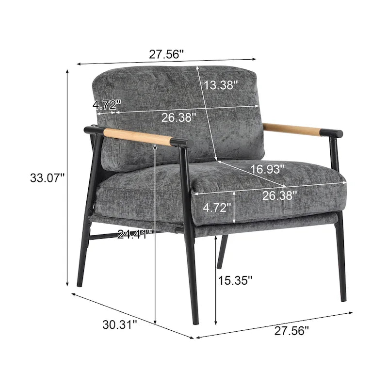 Modern Accent Chair with Plush Cushions, Minimalist Metal Frame, and Wooden Armrest Design