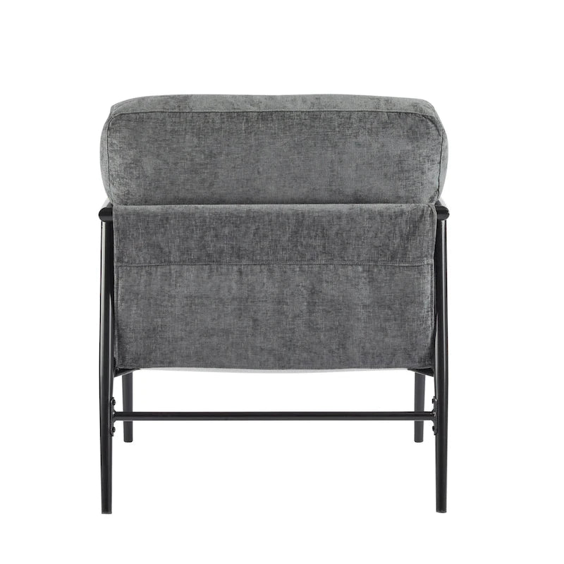 Modern Accent Chair with Plush Cushions, Minimalist Metal Frame, and Wooden Armrest Design