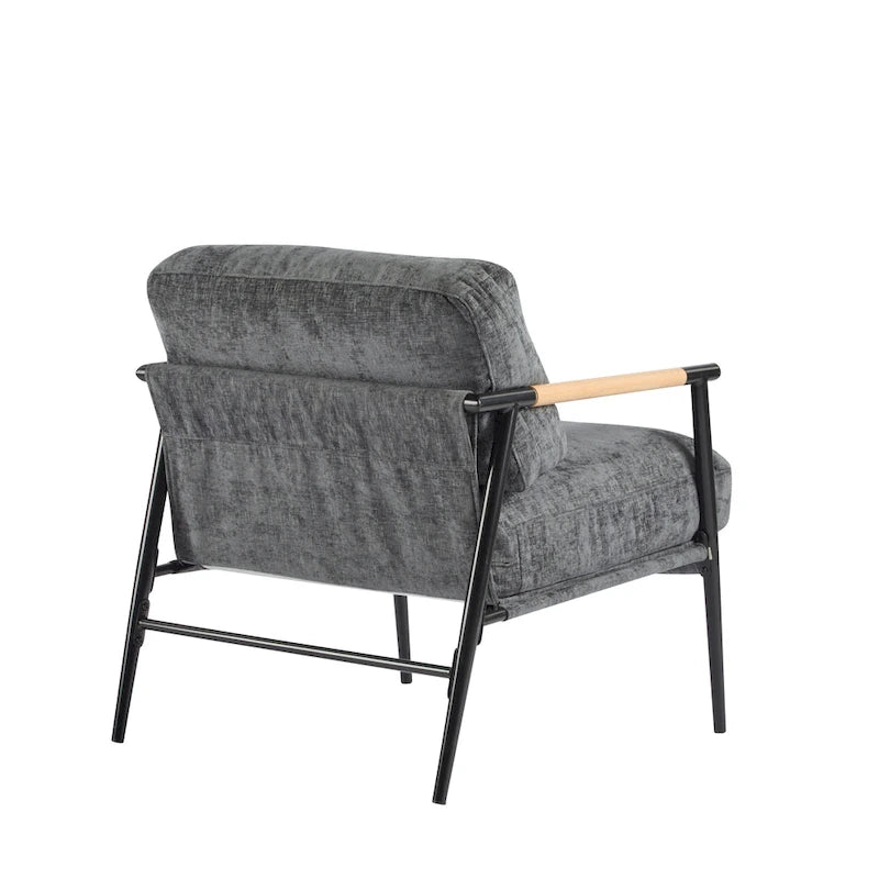 Modern Accent Chair with Plush Cushions, Minimalist Metal Frame, and Wooden Armrest Design