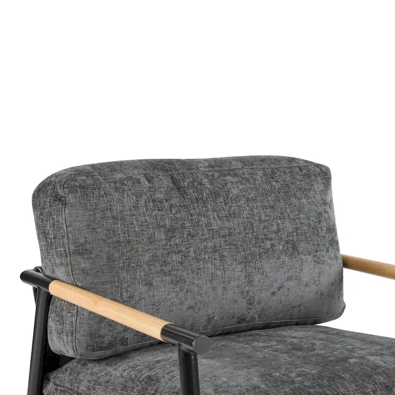 Modern Accent Chair with Plush Cushions, Minimalist Metal Frame, and Wooden Armrest Design