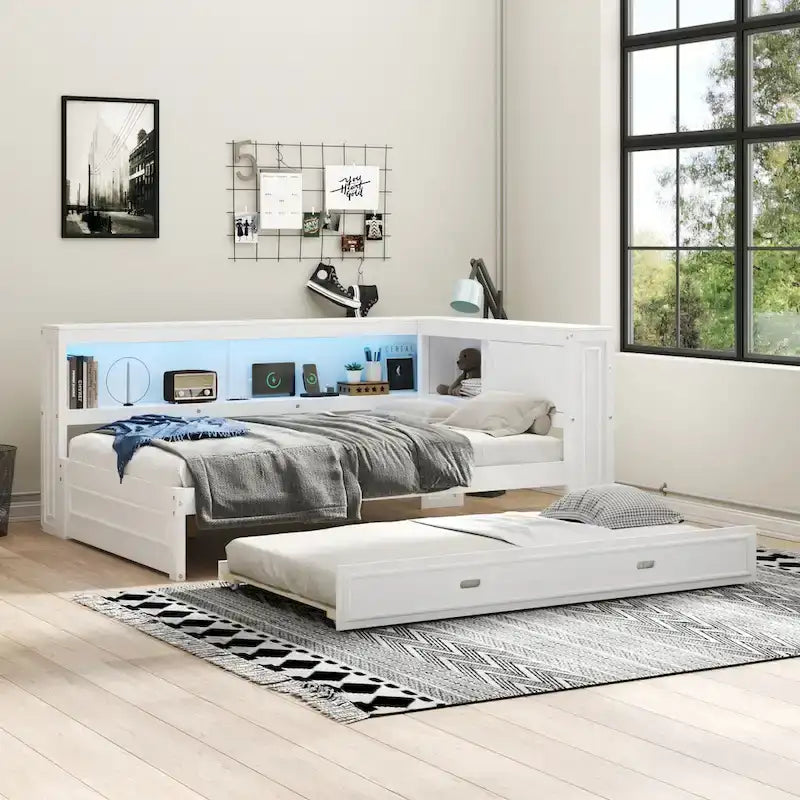 Full Daybed with Shelves, USB Charging, LED Lights & Twin Trundle