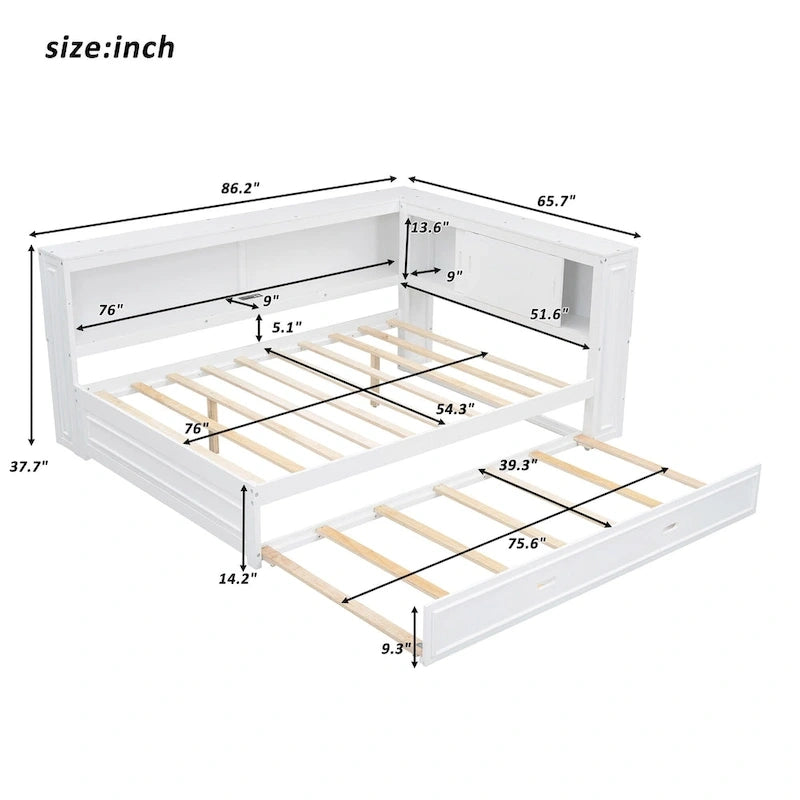 Full Daybed with Shelves, USB Charging, LED Lights & Twin Trundle