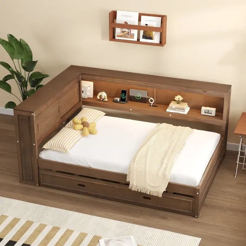 Full Daybed with Shelves, USB Charging, LED Lights & Twin Trundle