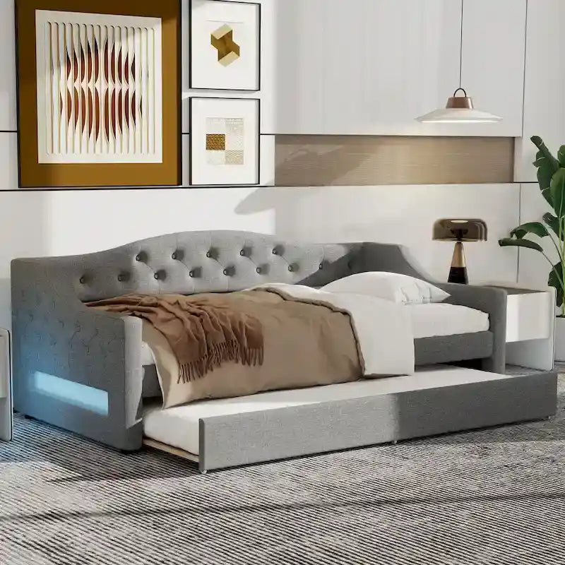 Upholstered Twin XL Size Daybed with LED Belt and Trundle, Gray