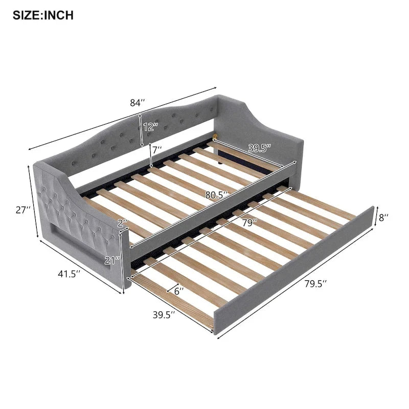 Upholstered Twin XL Size Daybed with LED Belt and Trundle, Gray