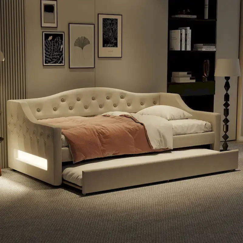 Upholstered Twin XL Size Daybed with LED Belt and Trundle, Gray