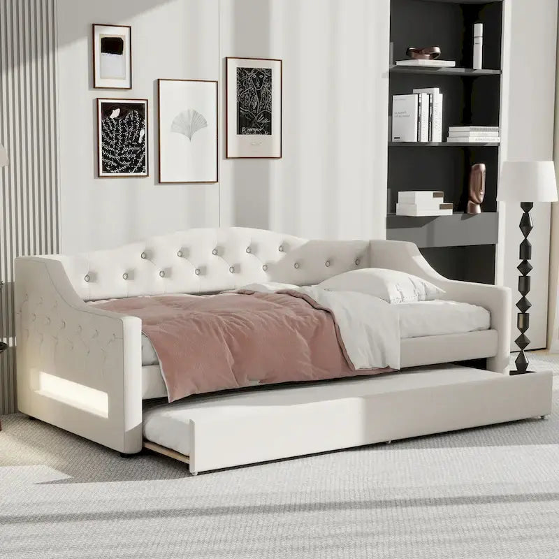 Upholstered Twin XL Size Daybed with LED Belt and Trundle, Gray