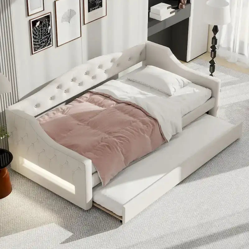 Upholstered Twin XL Size Daybed with LED Belt and Trundle, Gray