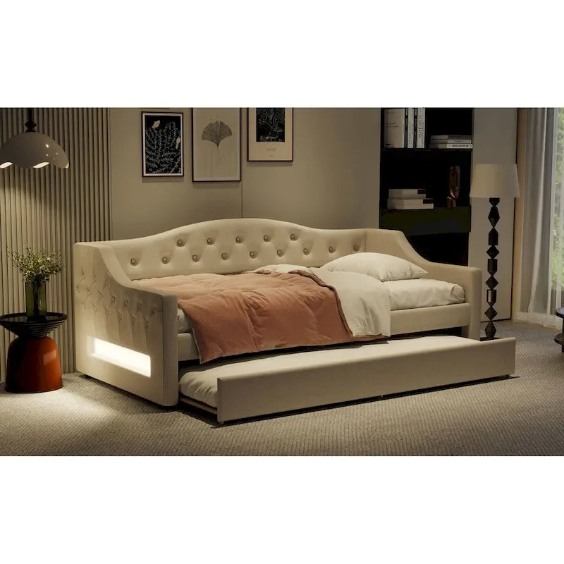 Upholstered Twin XL Size Daybed with LED Belt and Trundle, Gray