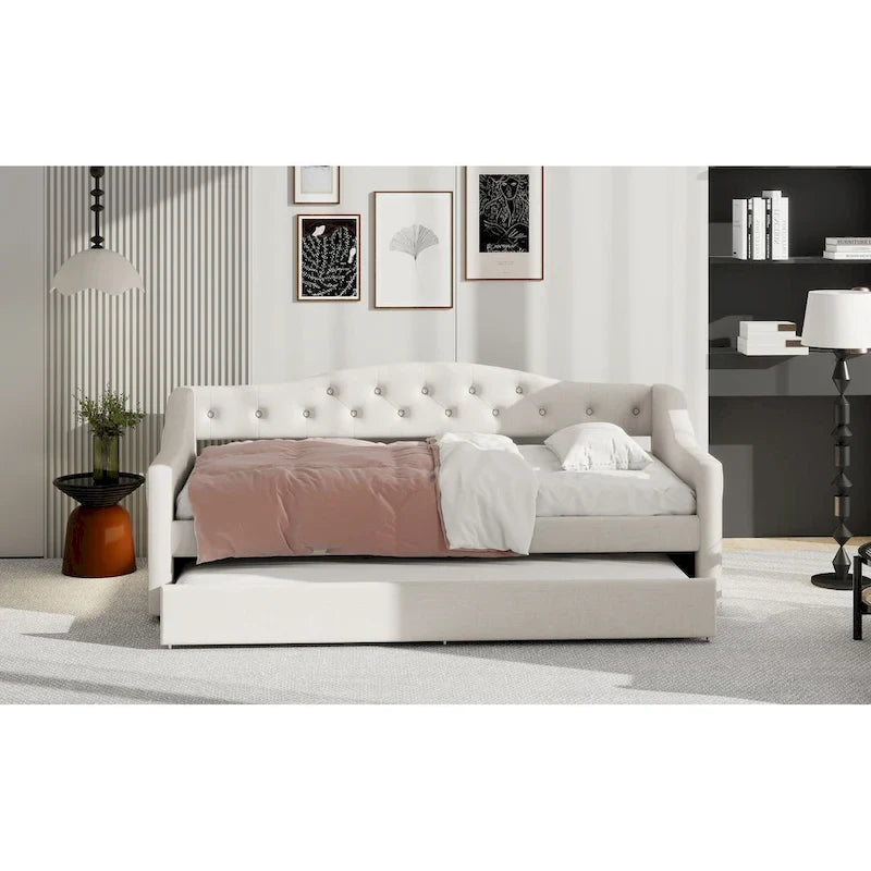 Upholstered Twin XL Size Daybed with LED Belt and Trundle, Gray