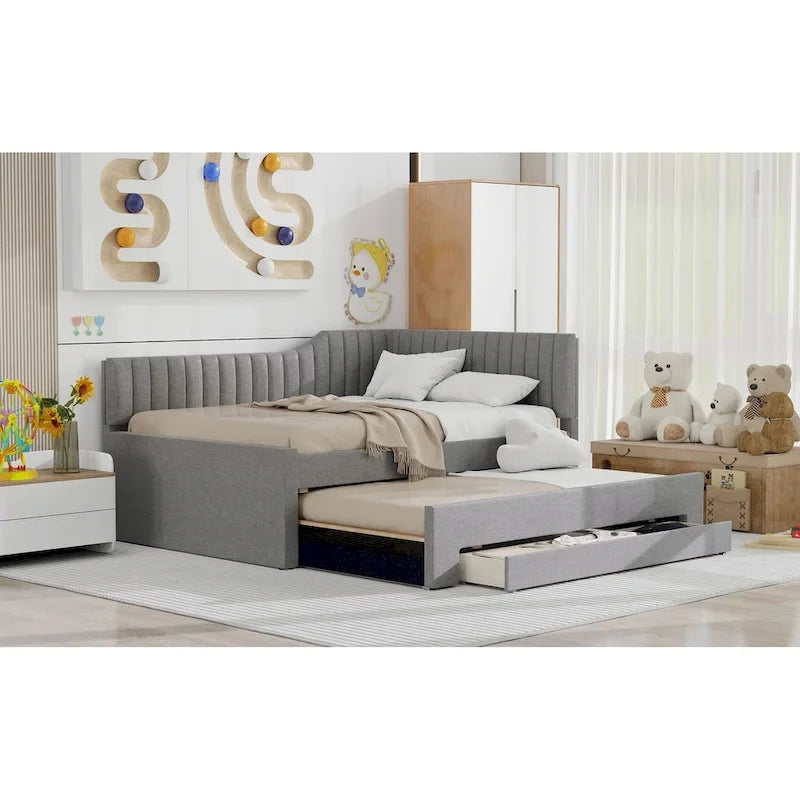 Full Size Upholstered Daybed with Trundle and Three Drawers, Gray