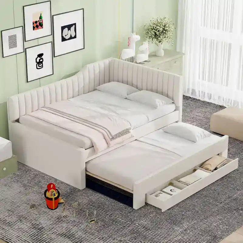 Full Size Upholstered Daybed with Trundle and Three Drawers, Gray