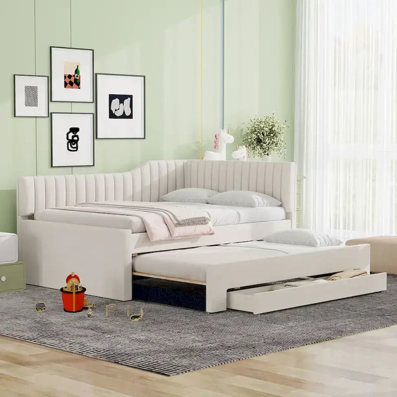 Full Size Upholstered Daybed with Trundle and Three Drawers, Gray