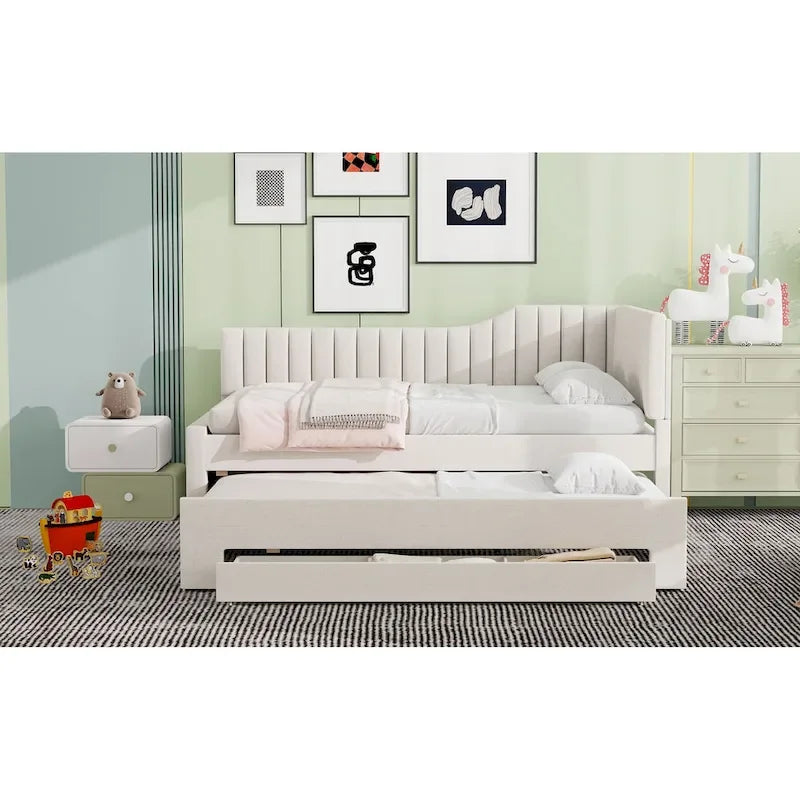 Full Size Upholstered Daybed with Trundle and Three Drawers, Gray