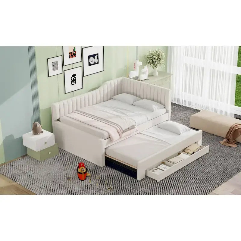 Full Size Upholstered Daybed with Trundle and Three Drawers, Gray