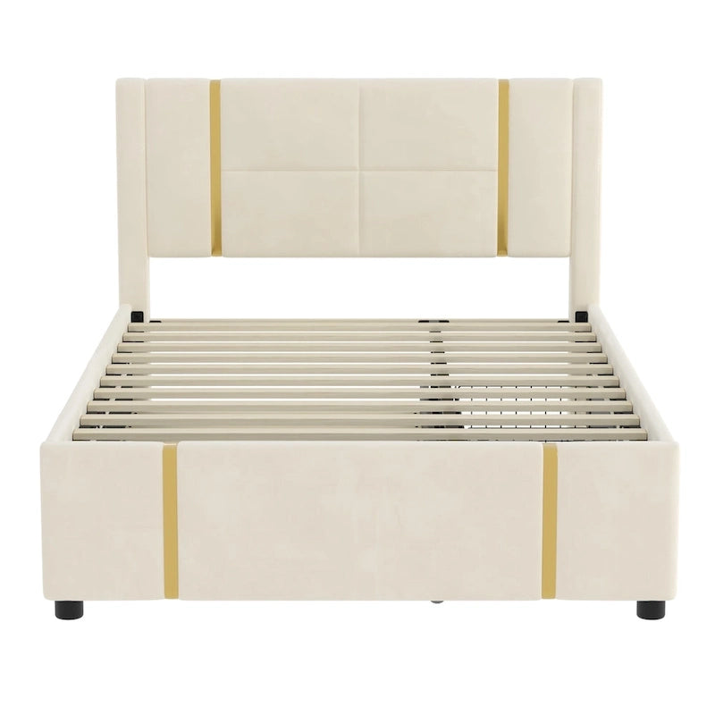 Queen Velvet Platform Bed with 2 Drawers, USB Port & Night Light
