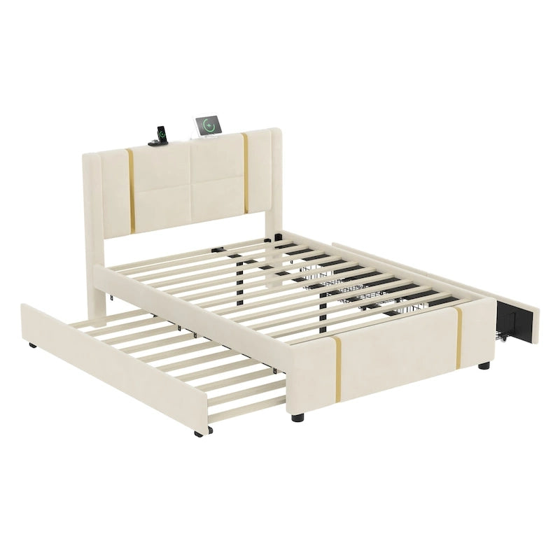 Queen Velvet Platform Bed with 2 Drawers, USB Port & Night Light