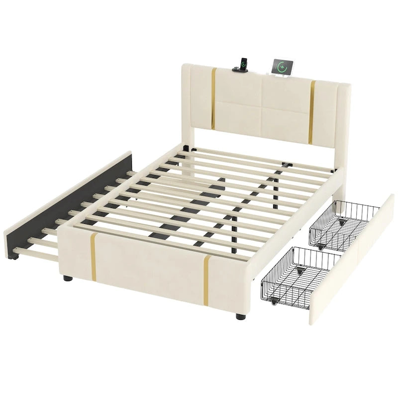 Queen Velvet Platform Bed with 2 Drawers, USB Port & Night Light