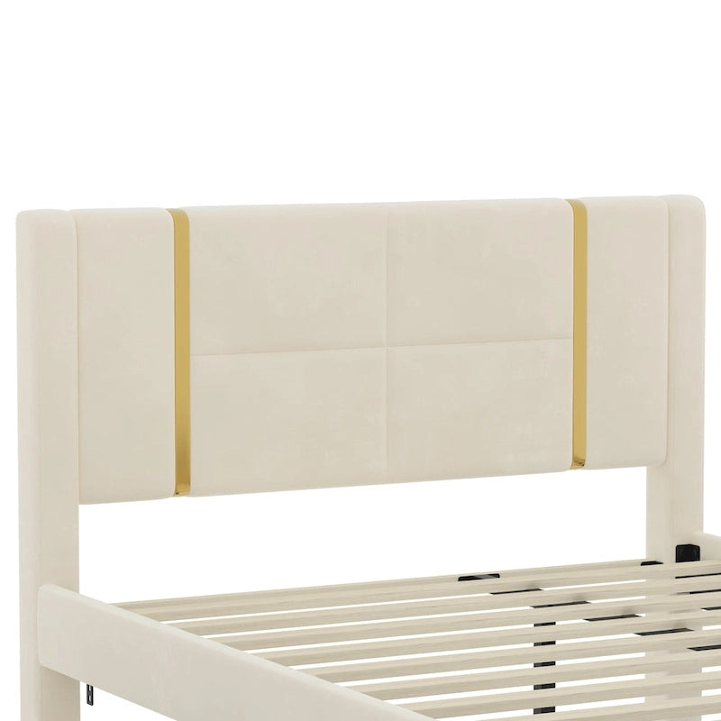 Queen Velvet Platform Bed with 2 Drawers, USB Port & Night Light