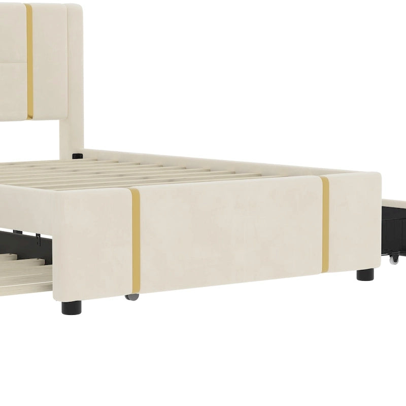 Queen Velvet Platform Bed with 2 Drawers, USB Port & Night Light