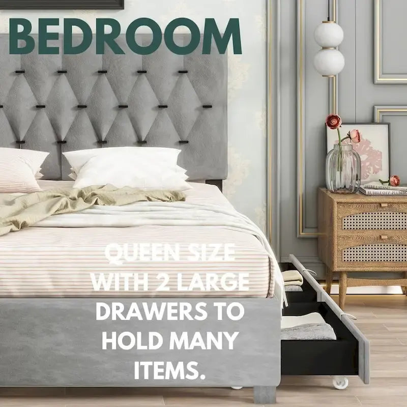 Queen Size Platform Bed with Gold Tufted Headboard, Trundle & Storage (600lb Capacity)