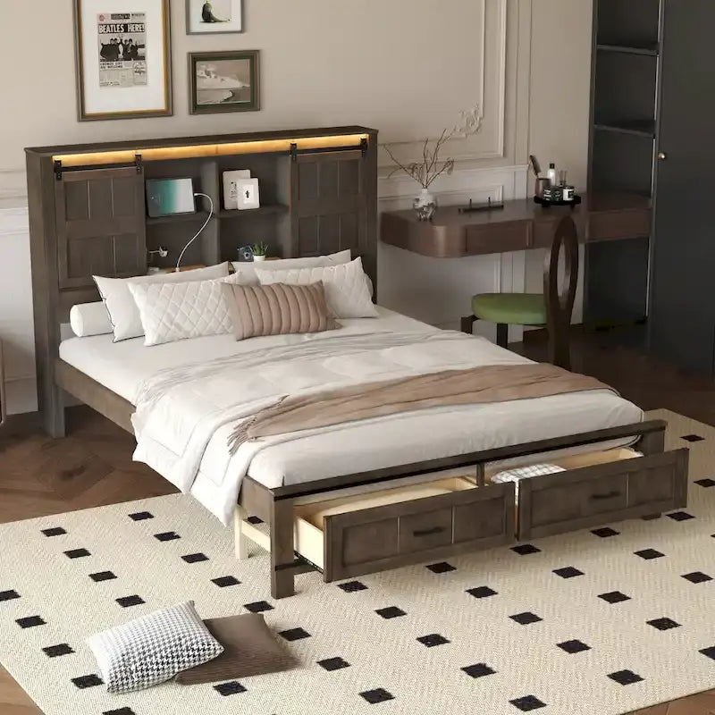 Queen Wood Platform Bed with 8 Shelves, 2 Drawers, Barn Door LED Design & USB