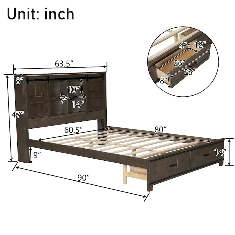 Queen Wood Platform Bed with 8 Shelves, 2 Drawers, Barn Door LED Design & USB
